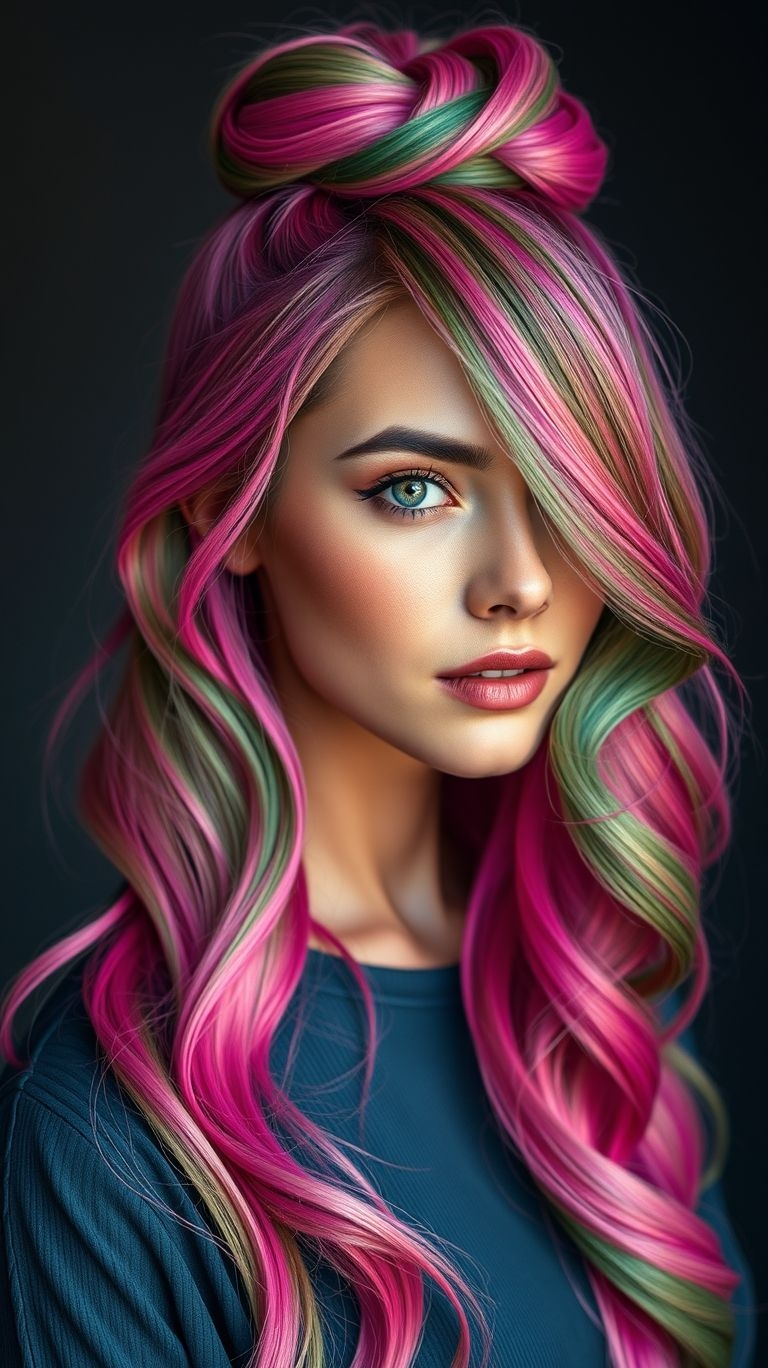 Candy on top, jungle at the base—this pink-green ombré high bun is basically your personality in color form.