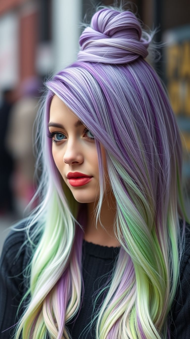 Amethyst Altitude High bun? Check. Purple ombre like a gem in motion? Double check. This style gives “ethereal rockstar vibes” with just the right altitude for turning sidewalks into runways.