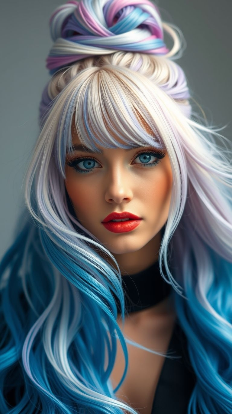 Blue Circuit Blaze Your hair just short-circuited conventional style. This ombre bun blinks in silver and beams in electric blue—fashion’s own motherboard.