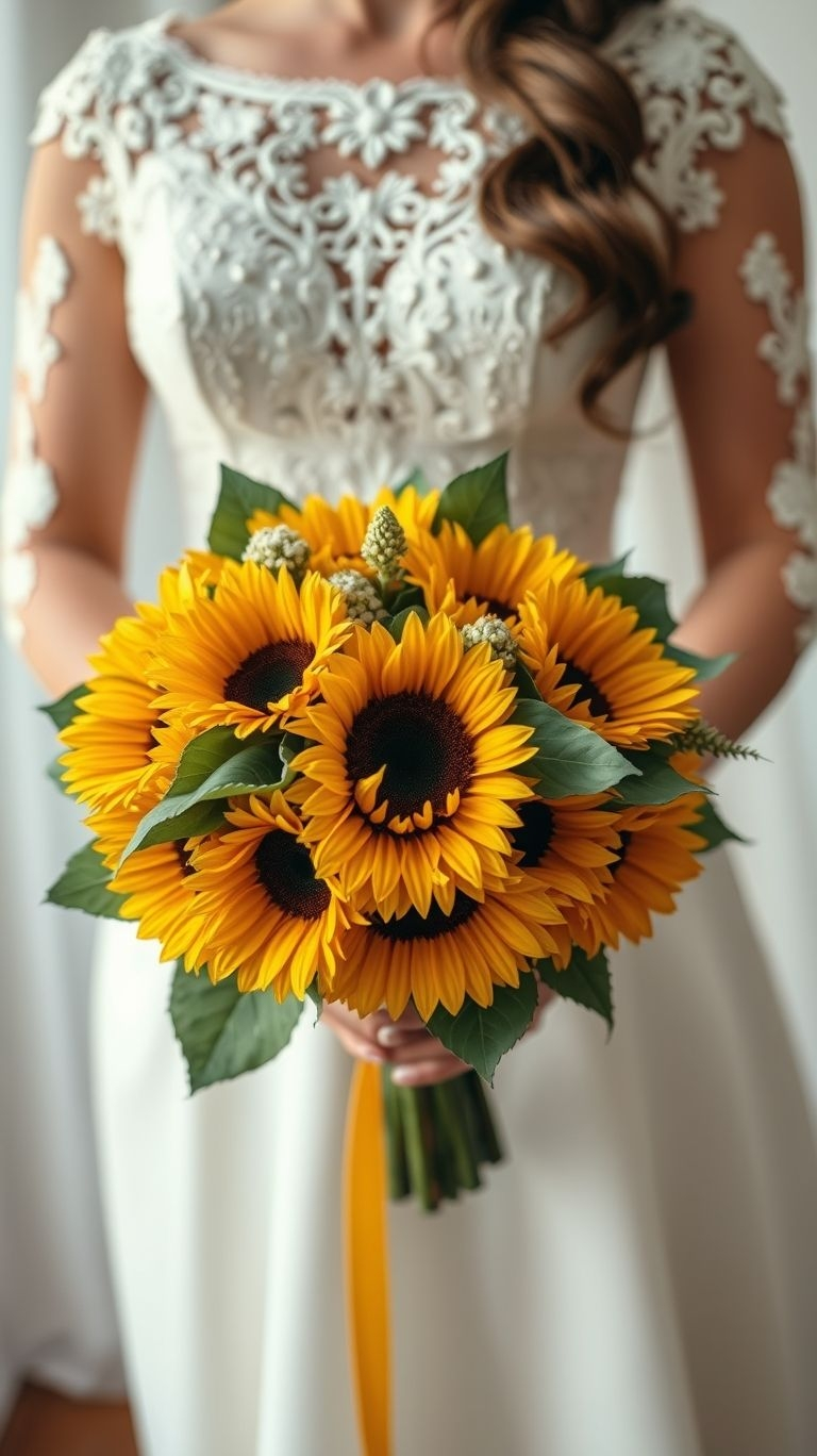 80+ Bouquet Ideas: Stunning Floral Wonders | Pocoko Sunflowers in a wedding bouquet are basically nature’s way of saying, “You’re radiant and you know it.”