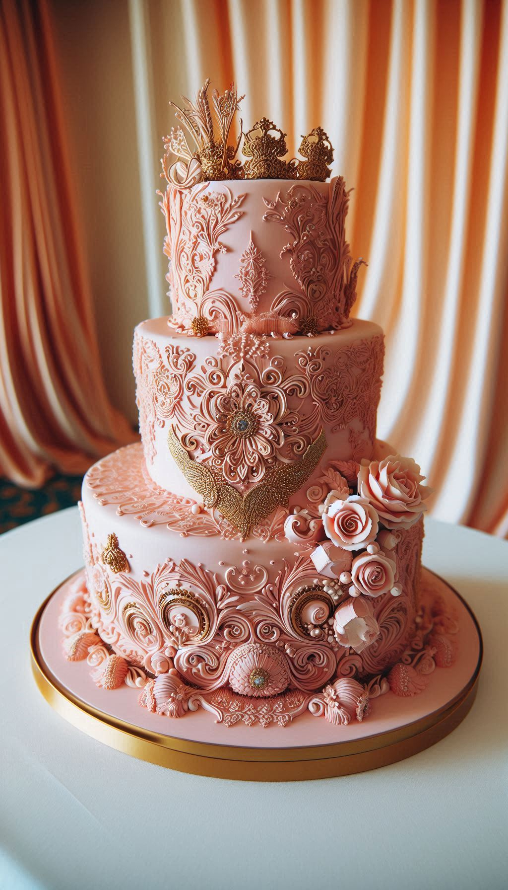 Get ready for the audible gasps of admiration when this blush and gold beauty is revealed. This is the ultimate wedding cake for a reason, perfectly blending soft, romantic vibes with just the right amount of celebratory sparkle.