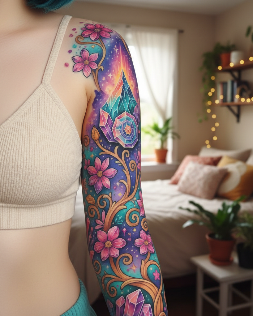 These tattoos aren’t just pretty—they’re powerful. Crystal Mountain motifs make for Magical Tattoos for women who believe in grounded magic and sky-high dreams.
