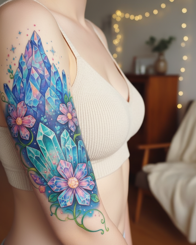 Crystal Mountain tattoos are like wearing your inner universe on your skin. They’re the ultimate Magical Tattoos for women who love nature with a twist of enchantment.