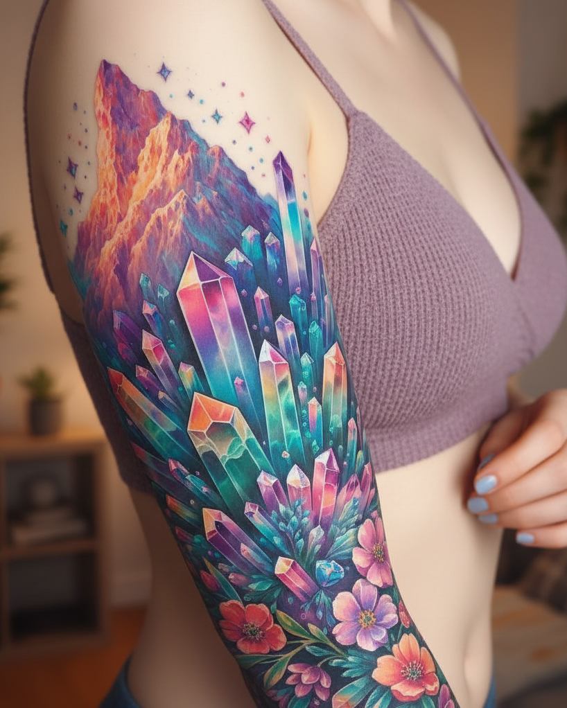 Crystal Mountain tattoos are for the dreamers who climb higher. They’re bold, mystical, and the kind of Magical Tattoos for women that tell a story without saying a word.