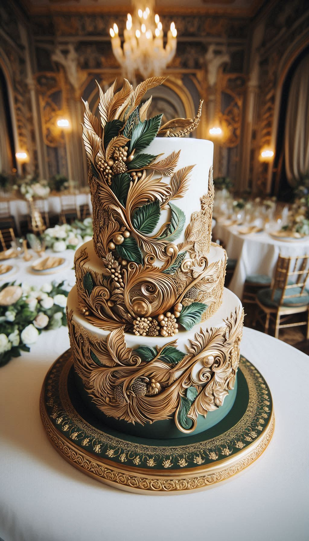 Channel your inner Gatsby with a design that's pure roaring twenties glamour. The deep emerald tones and delicate feather details make this wedding cake ready for a party a century in the making. This is opulence you can actually eat.