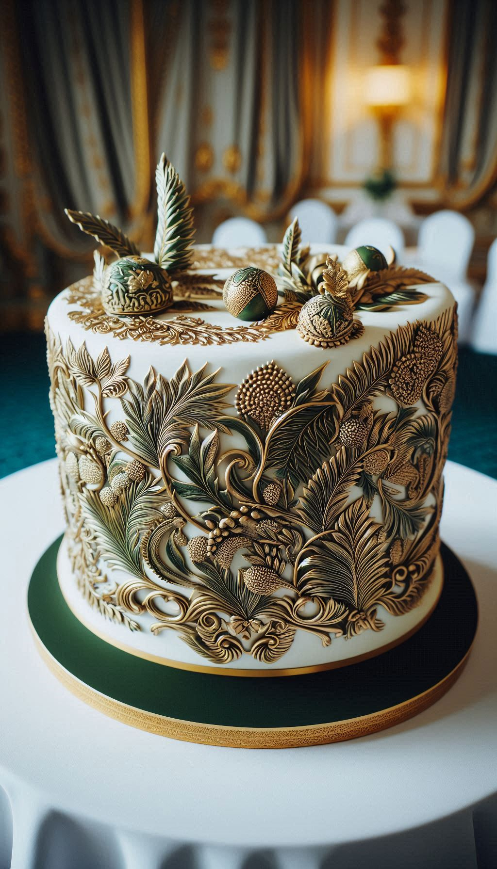 Why wear your jewels when you can slice into them? This emerald feather bloom creation is like a magnificent, edible jewel box. It serves as the perfect, precious wedding cake for a once-in-a-lifetime celebration.