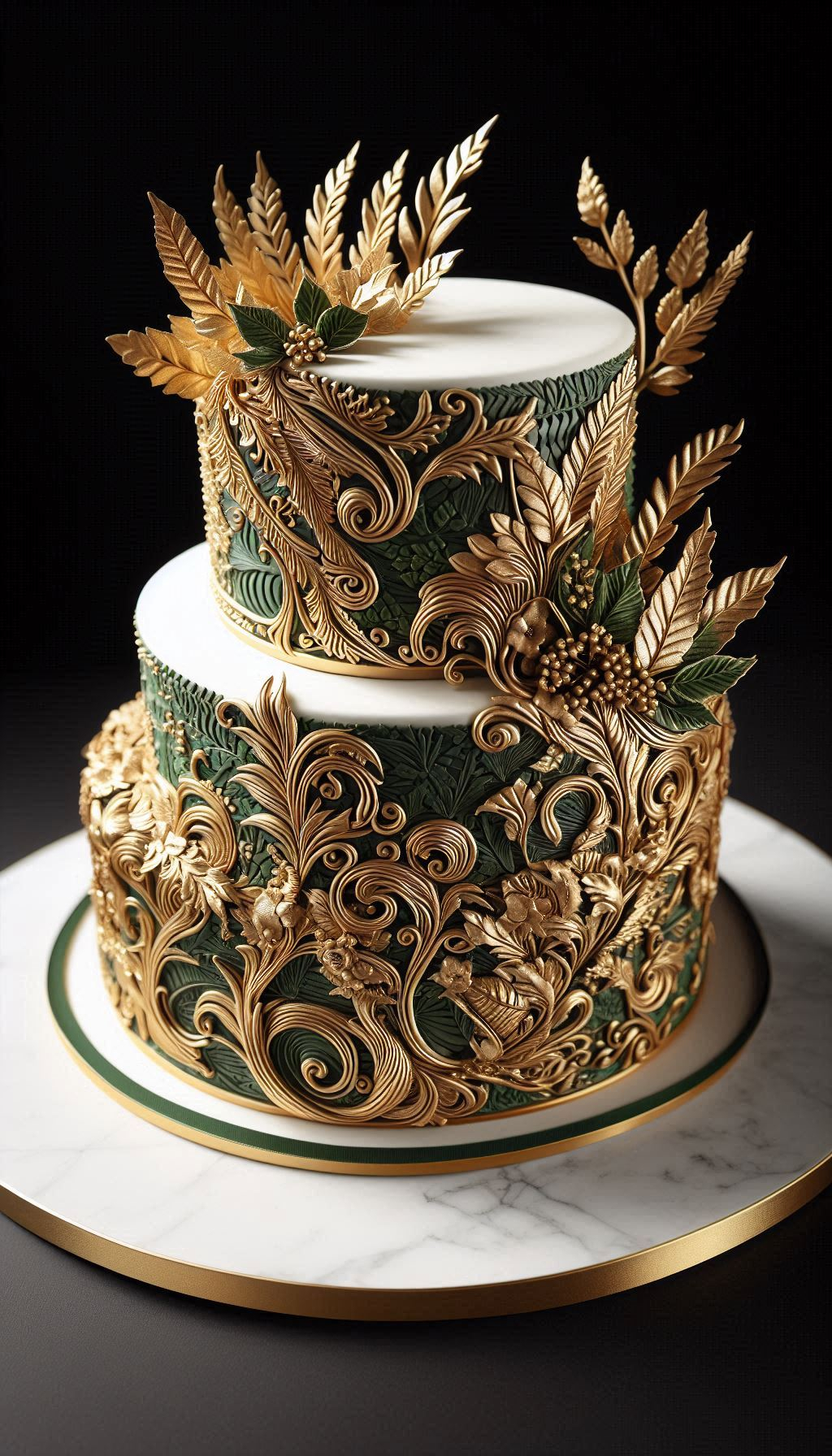 Get ready for a feast for the eyes before it's a feast for the palate. The stunning contrast between soft feathers, delicate petals, and rich emerald green makes this wedding cake a textural dream that begs to be admired up close.