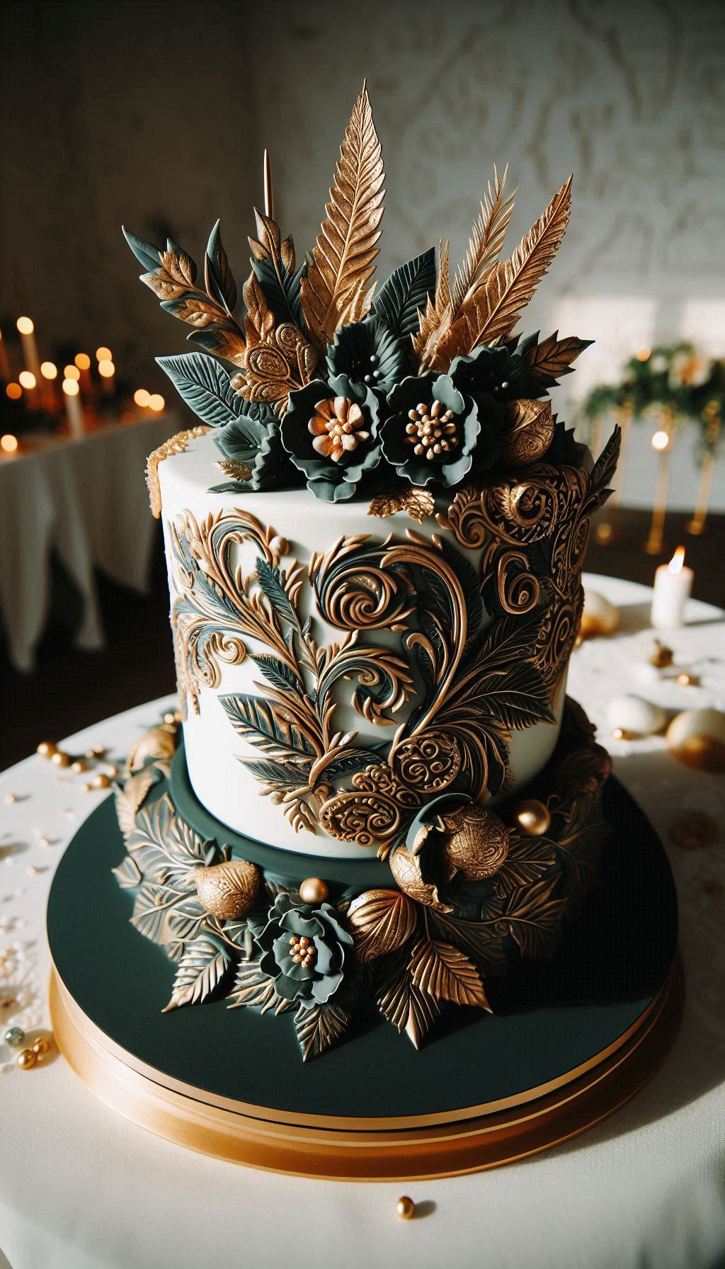 If you want a wedding cake that will live on in your guests' memories, this is the one. The unexpected combination of rich emerald, soft feathers, and romantic flowers is a guaranteed conversation starter. Prepare for a flood of compliments.