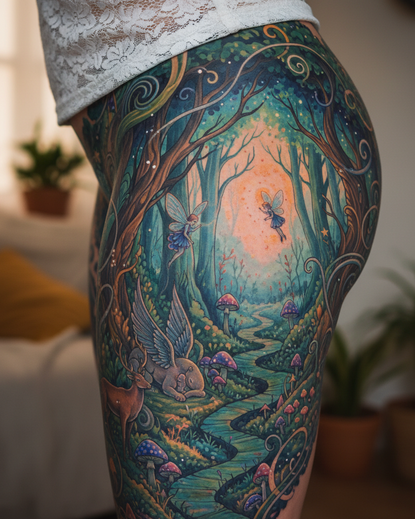 These Tattoo designs are like fairy tales etched in ink. Enchanted Forest tattoos are for the dreamers who believe every tree has a story to tell.