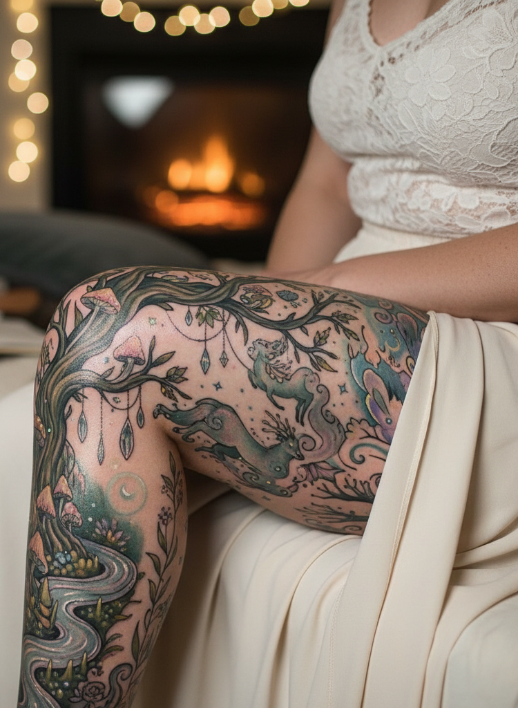 Want a tattoo that feels like a hidden portal? Enchanted Forest Tattoo designs blend whimsy, wonder, and wild elegance in one breathtaking piece.