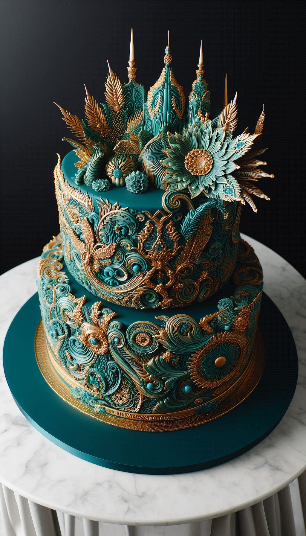 For the couple that's a little bit classic royalty and a little bit modern cool. This Golden Scrolls & Teal Whispers wedding cake takes timeless elegance and gives it a stunning, contemporary twist. It’s the perfect wedding cake for a love story that honors tradition but isn't afraid to stand out.