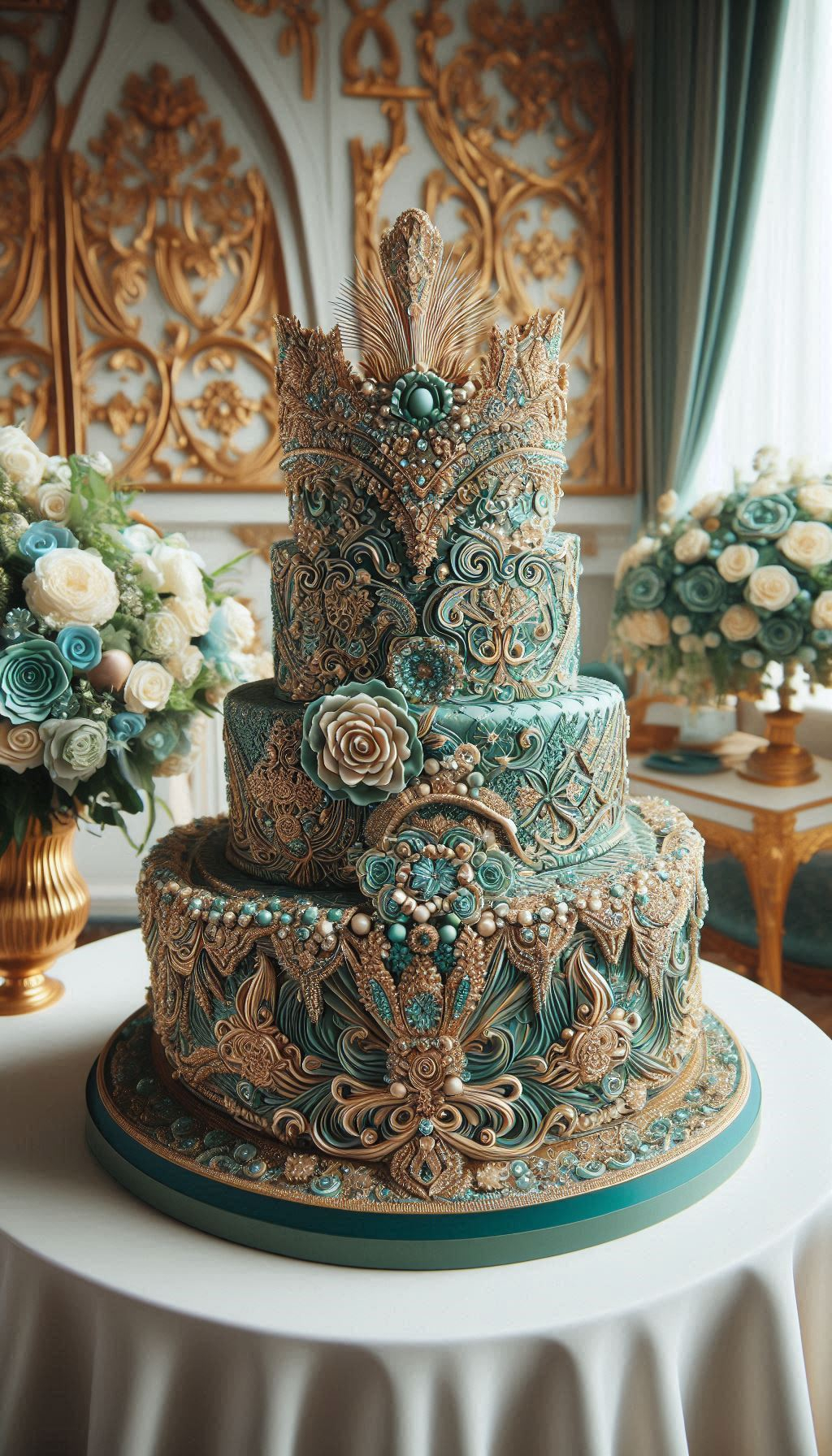 Let your wedding cake be as sophisticated and unique as your own love story. The Golden Scrolls & Teal Whispers theme is for the couple with an artistic soul and a shared eye for breathtaking details. This is the kind of wedding cake that feels like it was made just for you.