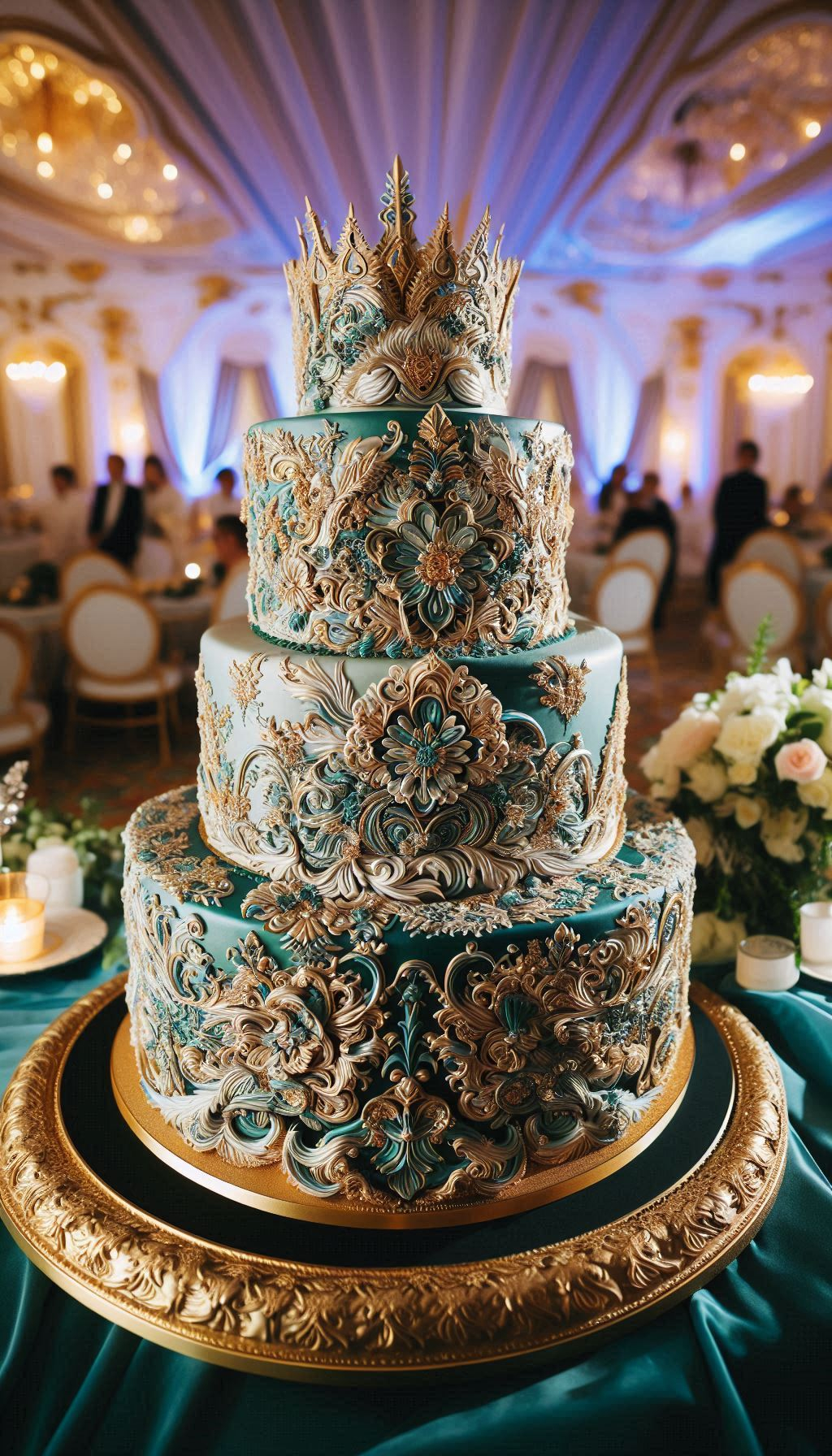 Imagine a wedding cake that tells the story of timeless love with a vibrant, modern chapter. The golden scrolls represent your beautiful history, while the fresh teal whispers of the exciting future you're building together. This is more than a wedding cake; it's your story in sugar.
