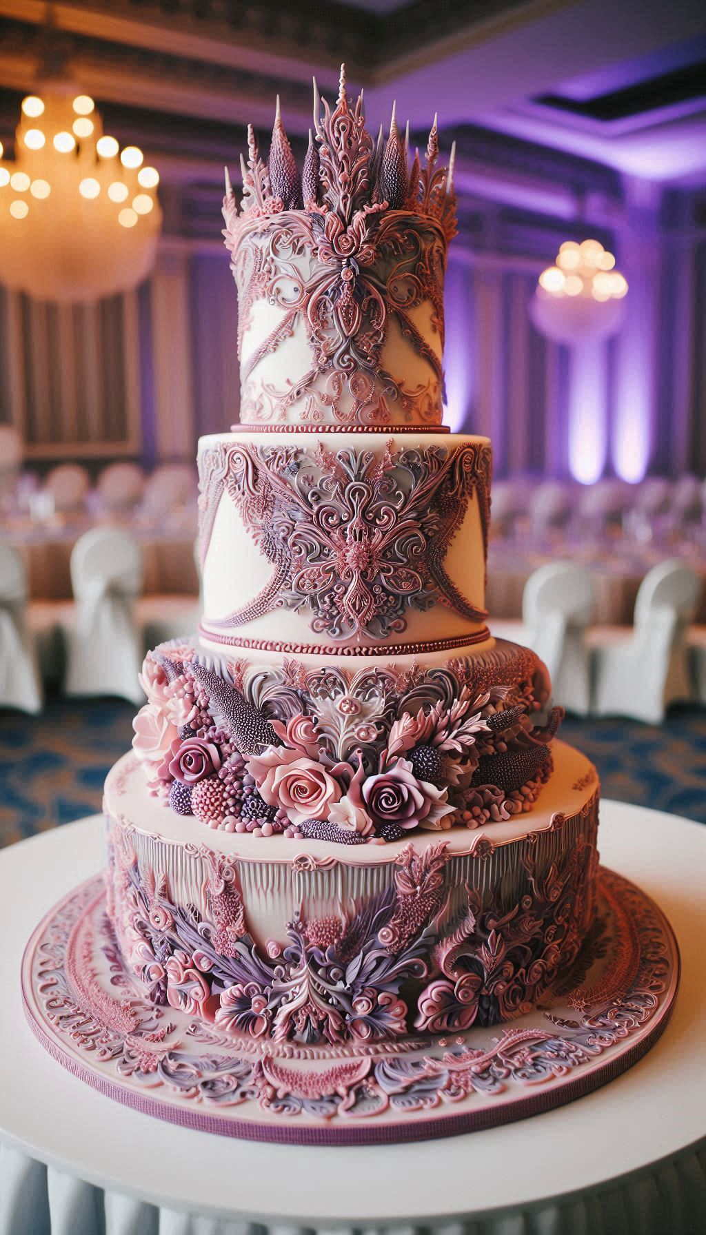 For the couple whose love story is written in bold letters and sealed with a soft kiss. This Magenta Scrolls & Petal Whispers wedding cake is the perfect blend of fiery passion and tender romance. It's the ultimate wedding cake for a vibrant and unforgettable celebration.