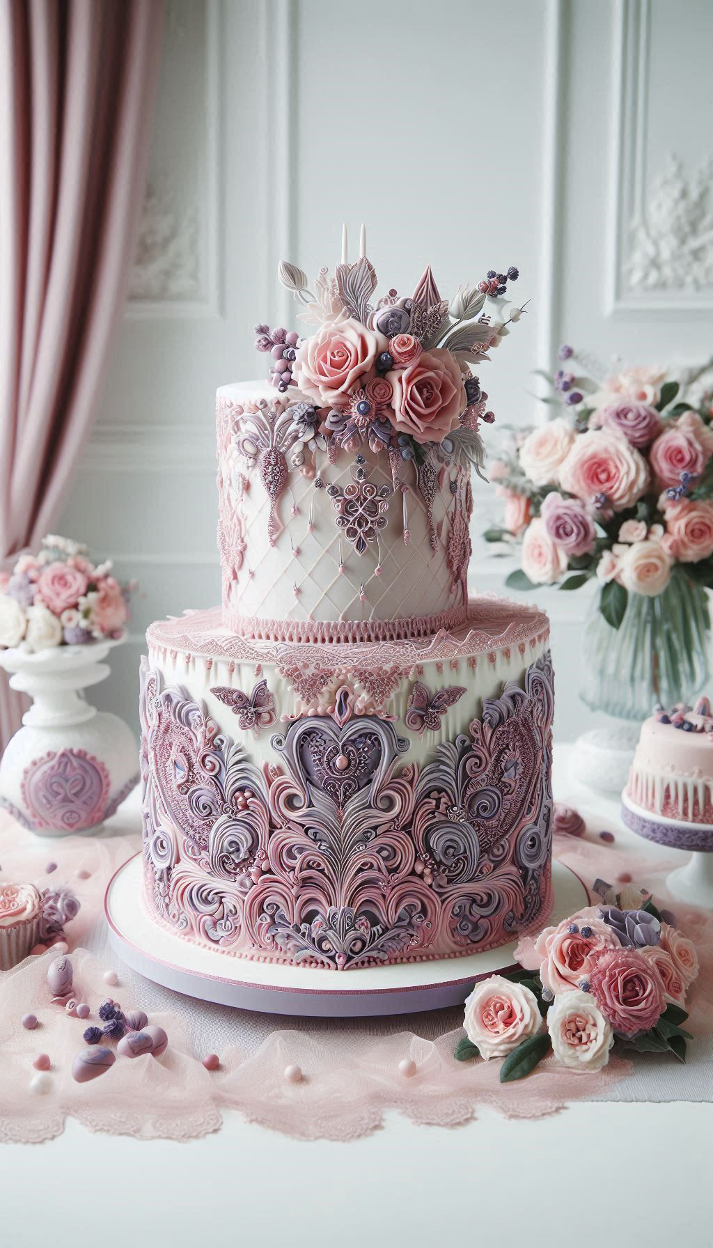 This is what happens when a classic fairytale gets a dazzling, modern makeover. The romantic, intricate details are all there, but the bold magenta makes this wedding cake feel fresh, exciting, and completely new. It's a design for the modern romantic.