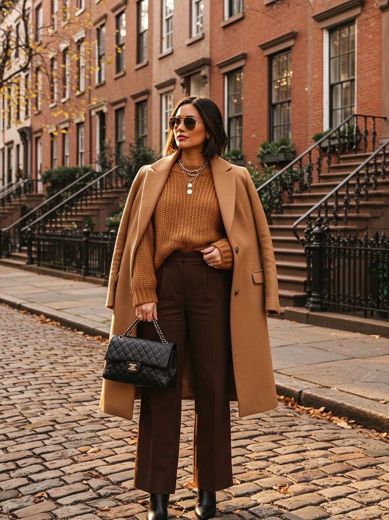 Fall Outfits just got a promotion. This long coat + sweater + wide-leg trousers combo is giving CEO energy with a side of sidewalk strut.