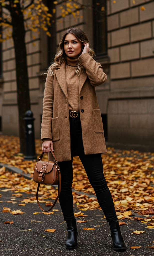 If Fall Outfits had a signature move, it’d be this coat draped like royalty. Add a cozy sweater and wide-leg trousers, and you’re basically autumn’s muse.