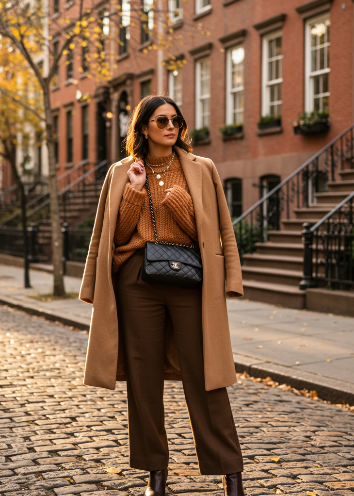 Want Fall Outfits that turn sidewalks into runways? This coat-sweater-trouser combo is your ticket to effortless elegance.