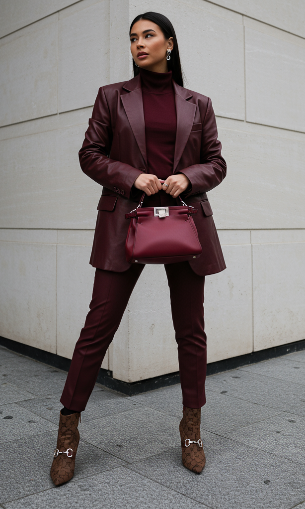 This isn’t just a suit—it’s a mood. Fall Outfits like this one bring monochrome magic and leather luxe to your seasonal style game.