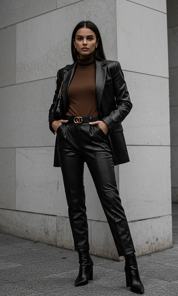 Fall Outfits don’t have to blend in. This leather-look blazer and trousers set is here to make sure you stand out—confident, cool, and totally chic.