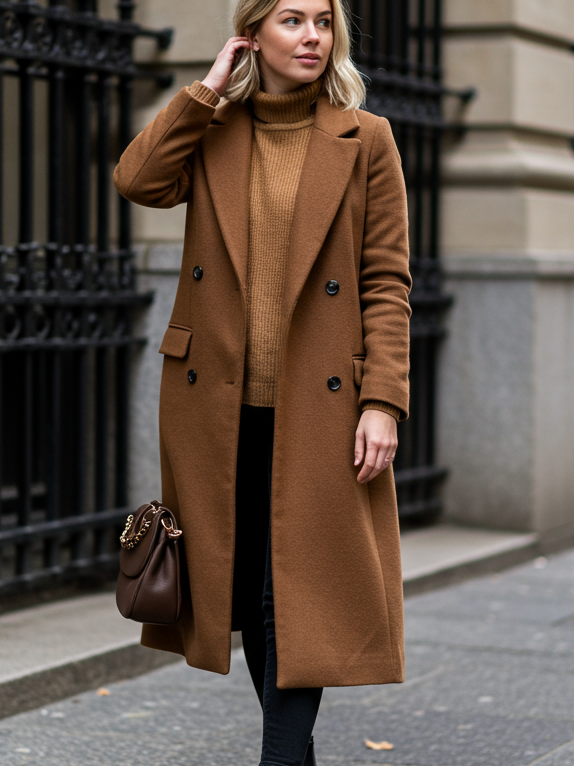 Fall Outfits that whisper luxury? This one hums it like a jazz tune. Draped coat, tucked sweater, and trousers that float like confidence.