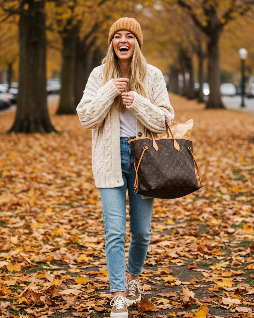 Winter Outfits that feel like a hug but look like a fashion editorial? This cable-knit cardigan and mom jeans combo is cozy with a capital C—and the luxe accessories seal the deal.