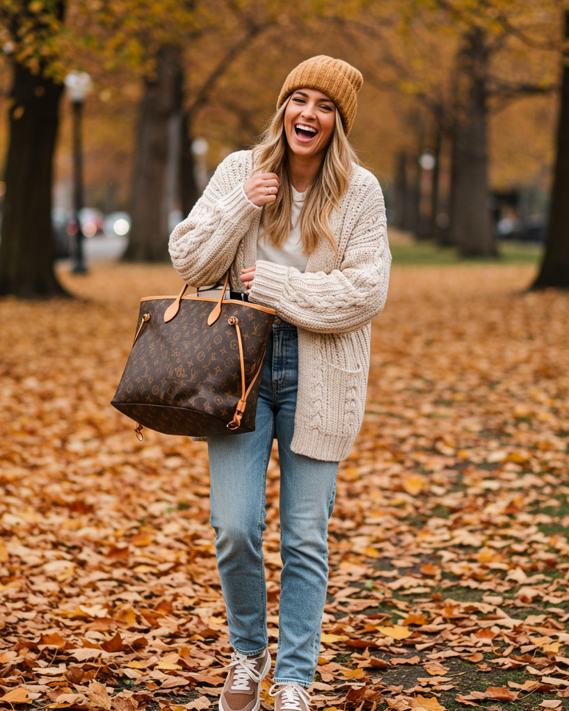 This look is giving “I’m warm, but I still run the room.” Winter Outfits don’t get more effortlessly chic than a chunky cardigan, distressed denim, and a splash of glam.