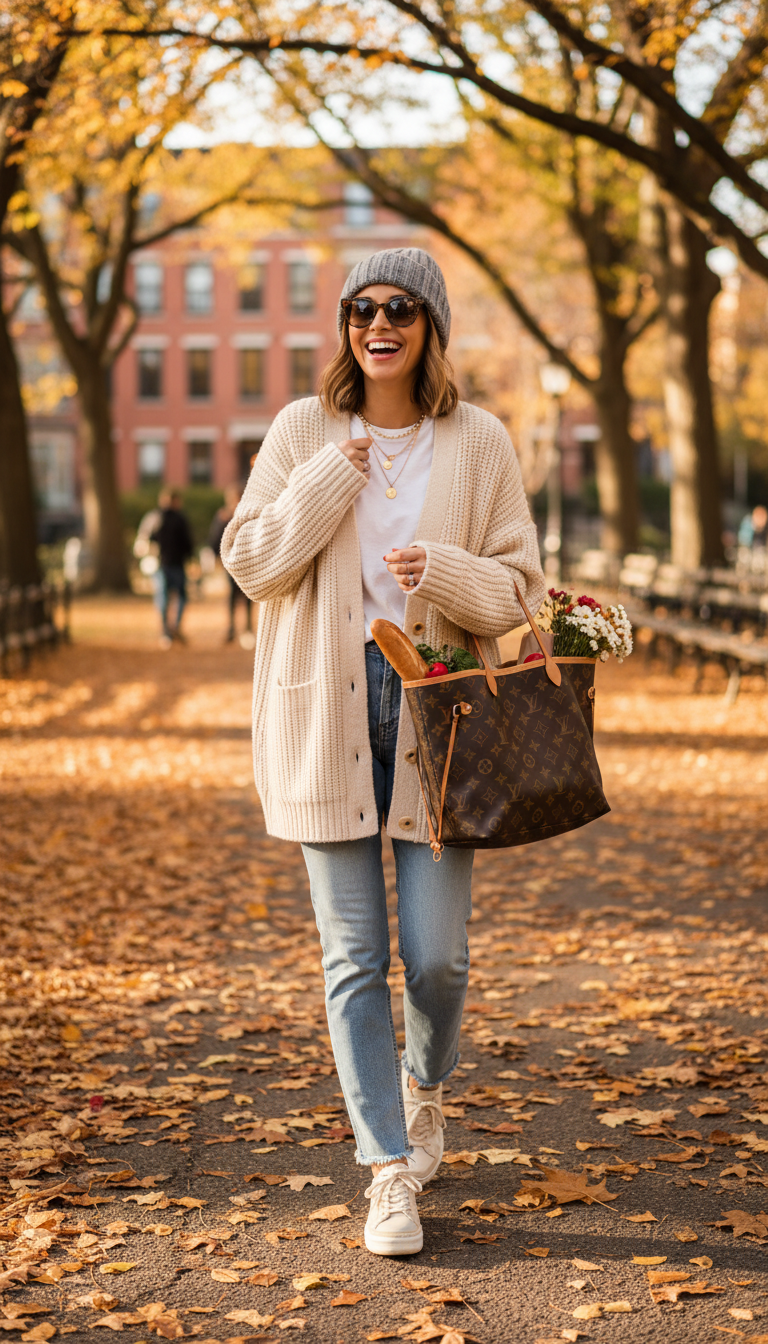 Winter Outfits that blend grandma’s knitting skills with influencer-level polish? This cardigan and jeans duo is the definition of cozy meets cool.