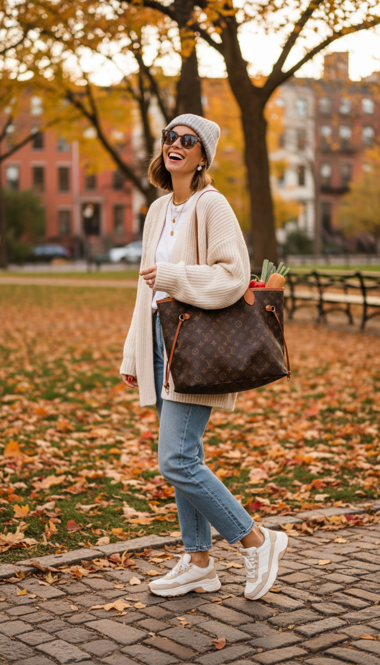 This outfit is what happens when Winter Outfits go high-low in the best way. Slouchy knit, rugged denim, and accessories that whisper luxury.