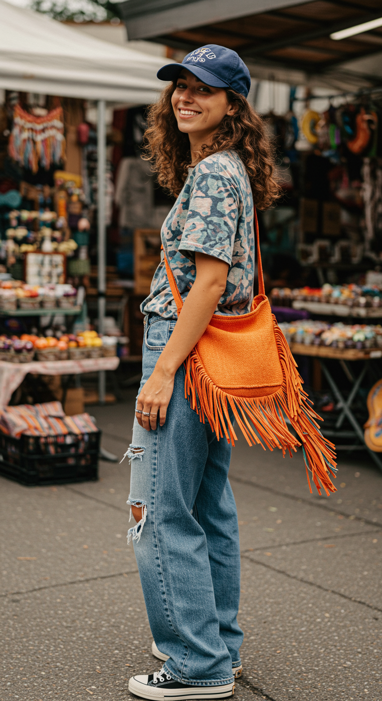 Outfit ideas that come with a side of swagger? This graphic tee and baggy jeans combo is pure street-style gold—topped off with a cap that says “I woke up iconic.”