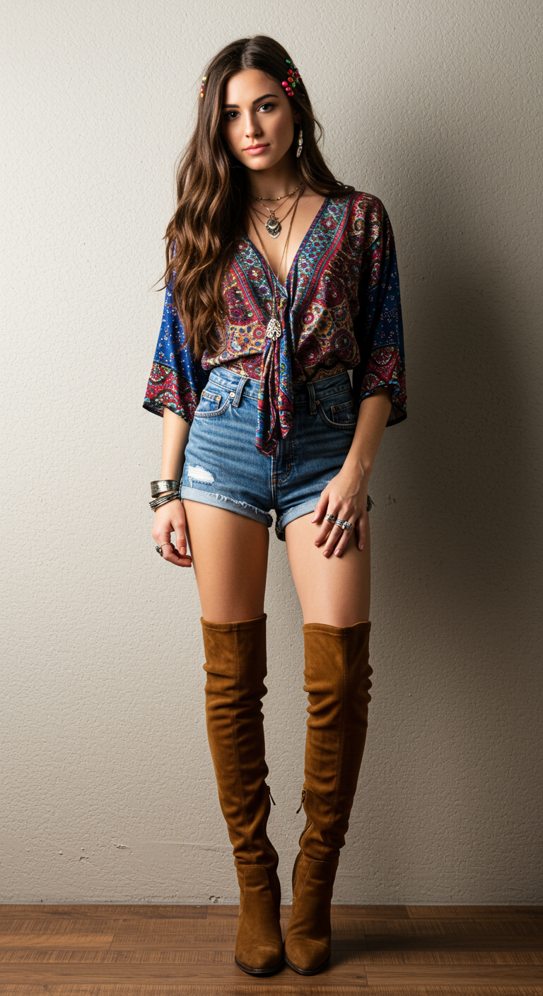 Hot pants and knee-high boots are already a vibe. Add a bohemian top and you’ve got Outfit ideas that turn sidewalks into stages.