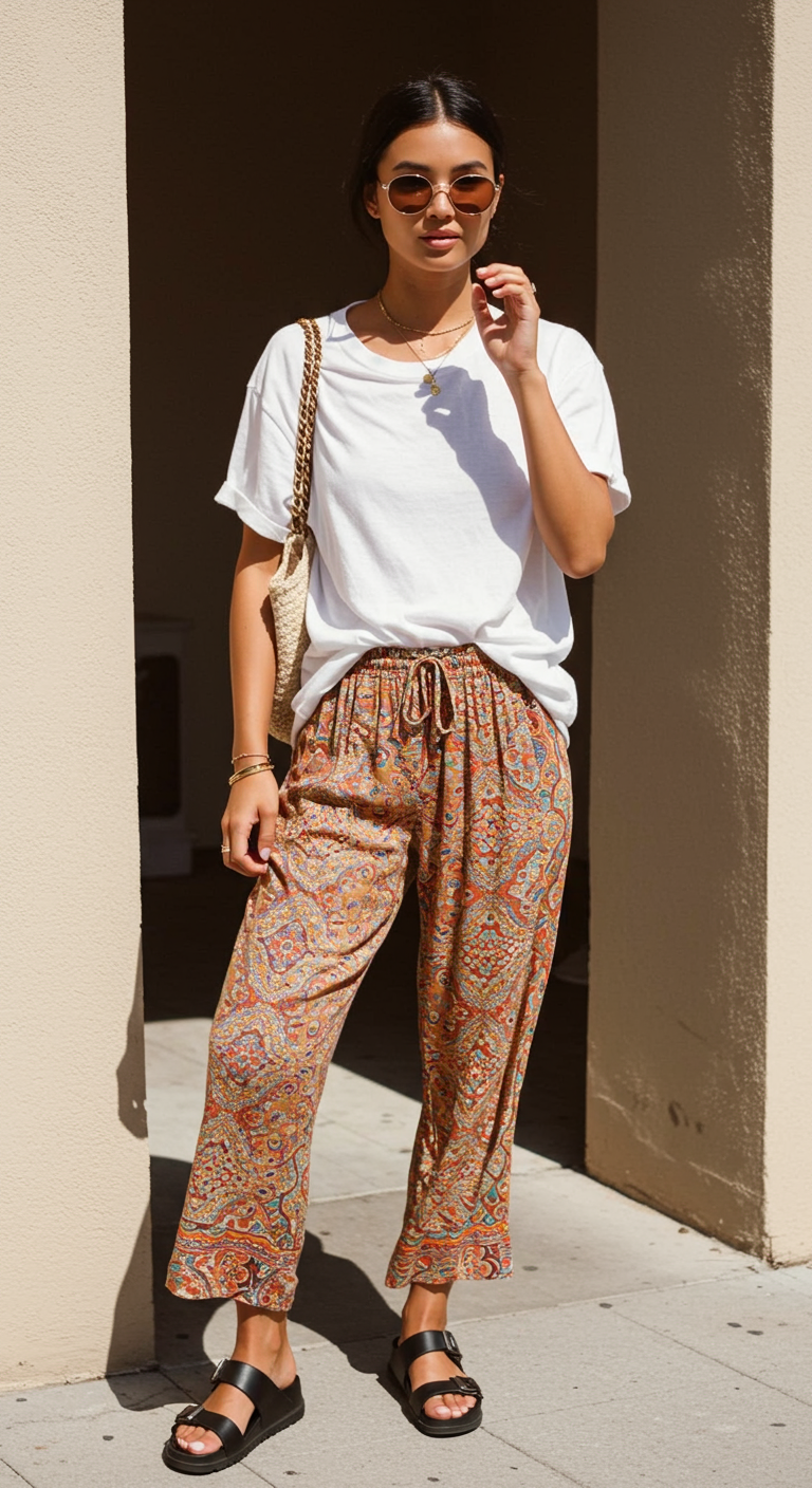 Outfit ideas that feel like a deep breath and a desert breeze? This oversized tee and boho pants combo is all about freedom with flair.