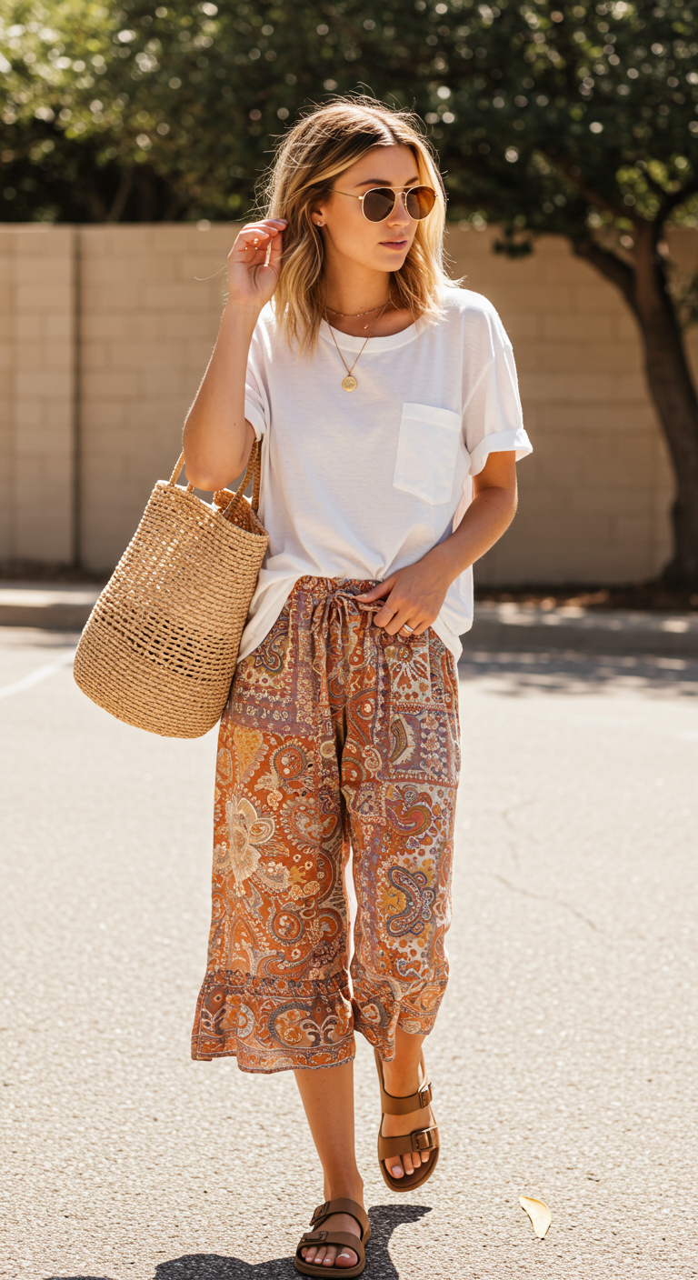 This outfit doesn’t follow rules—it rewrites them. For Outfit ideas that blend chill vibes with bold prints, this boho pairing is pure magic.