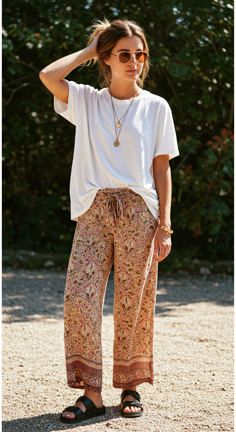 Outfit ideas that say “I’m relaxed but still fabulous”? Oversized white tee, flowy bohemian pants, and a whole lot of effortless cool.