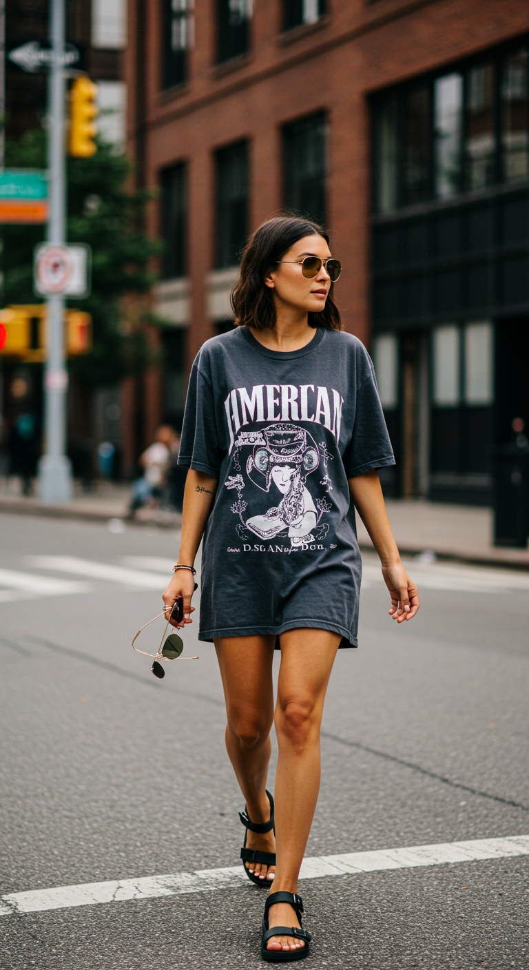 Oversized tee, cool sandals, and a whole lot of chill—this look is proof that comfort can still slay. Outfit ideas like this are made for lazy days with stylish intentions.