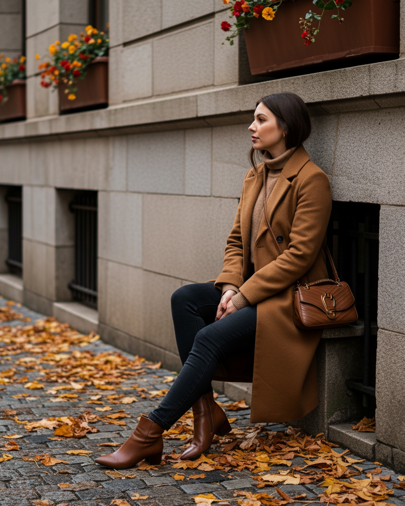 If your coat isn’t draped, is it even fall? This outfit nails the season’s vibe with wide-leg drama and sweater softness.