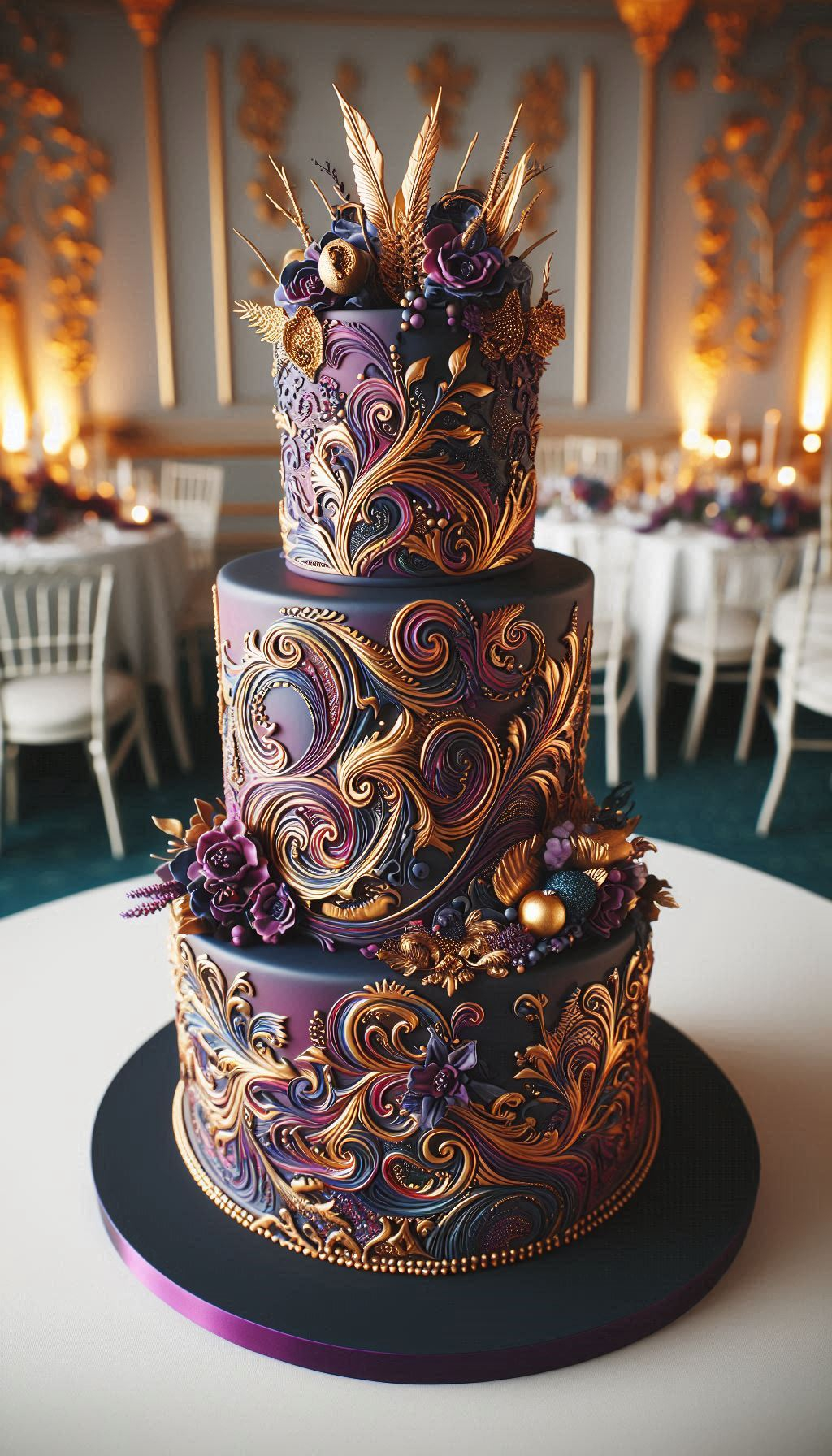 Of course! Here are 4 unique and witty pin descriptions for "Royal Scrolls & Velvet Swirls" wedding cake designs, crafted with a human touch. Your wedding day is the one day you're allowed to be royalty, so you'll absolutely need a cake to match. This Royal Scrolls & Velvet Swirls wedding cake is pure, unapologetic opulence with details fit for a king and queen. This is the kind of magnificent wedding cake that deserves its own throne.
