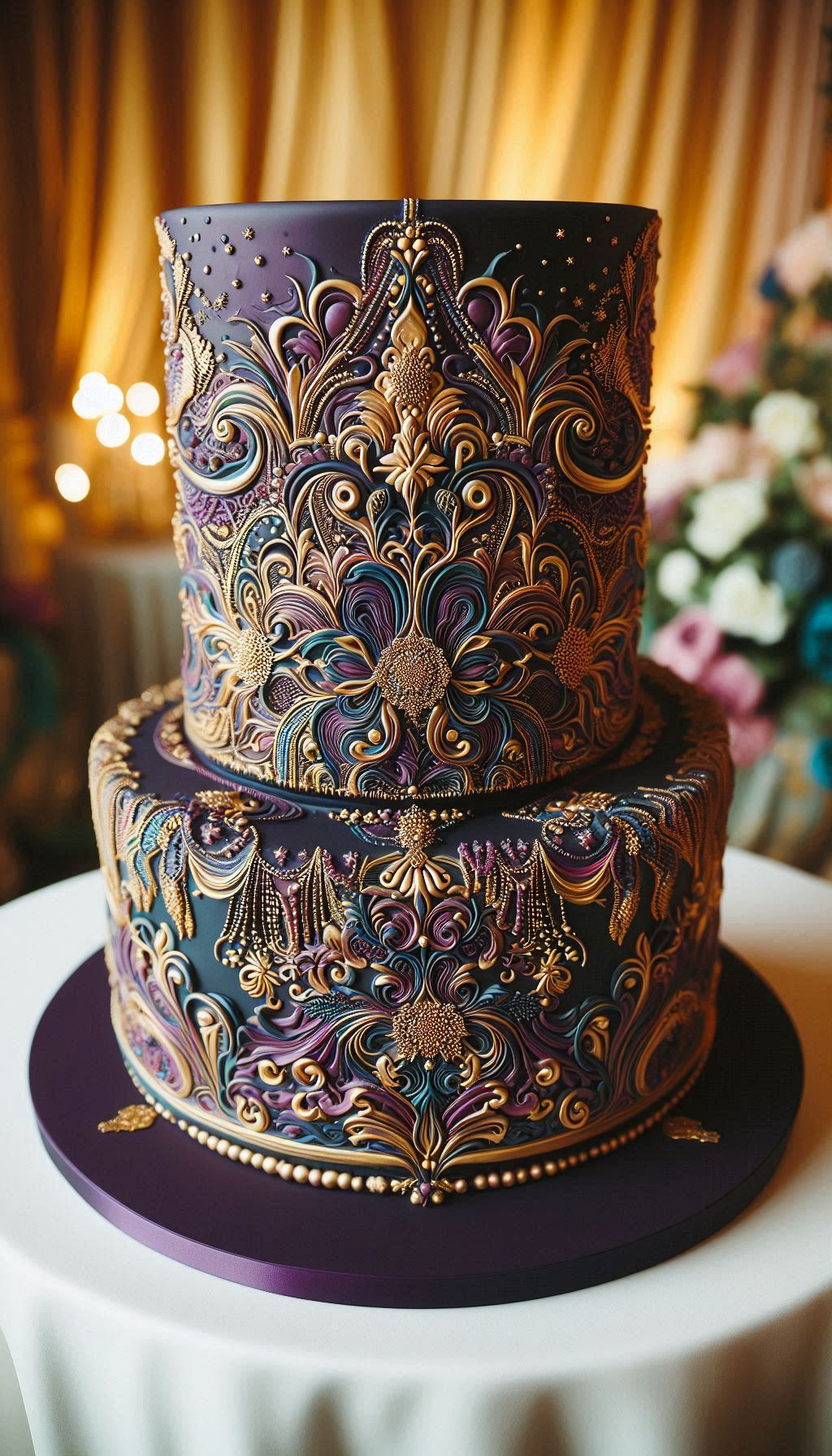 Go ahead, we know you want to touch it. The incredible velvet texture on this wedding cake, paired with classic and intricate royal scrolls, creates a unique design that’s a true feast for the eyes. It's the kind of stunning wedding cake that makes everyone look twice.