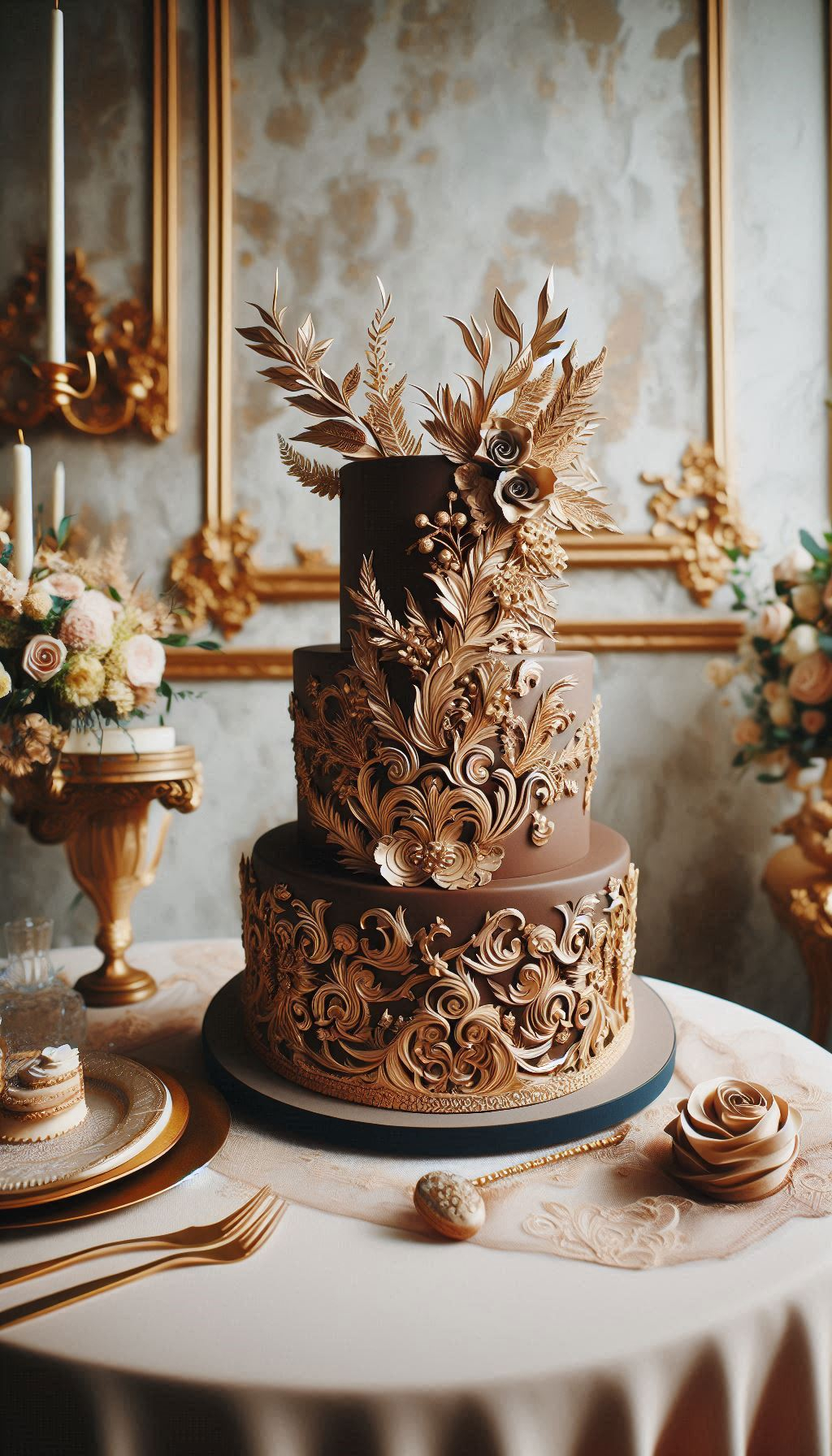 The deep, rich colour of this chocolate wedding cake creates the most stunning canvas for metallic accents. Paired with shimmering gold or silver details, this majestic wedding cake becomes the very definition of modern luxury.