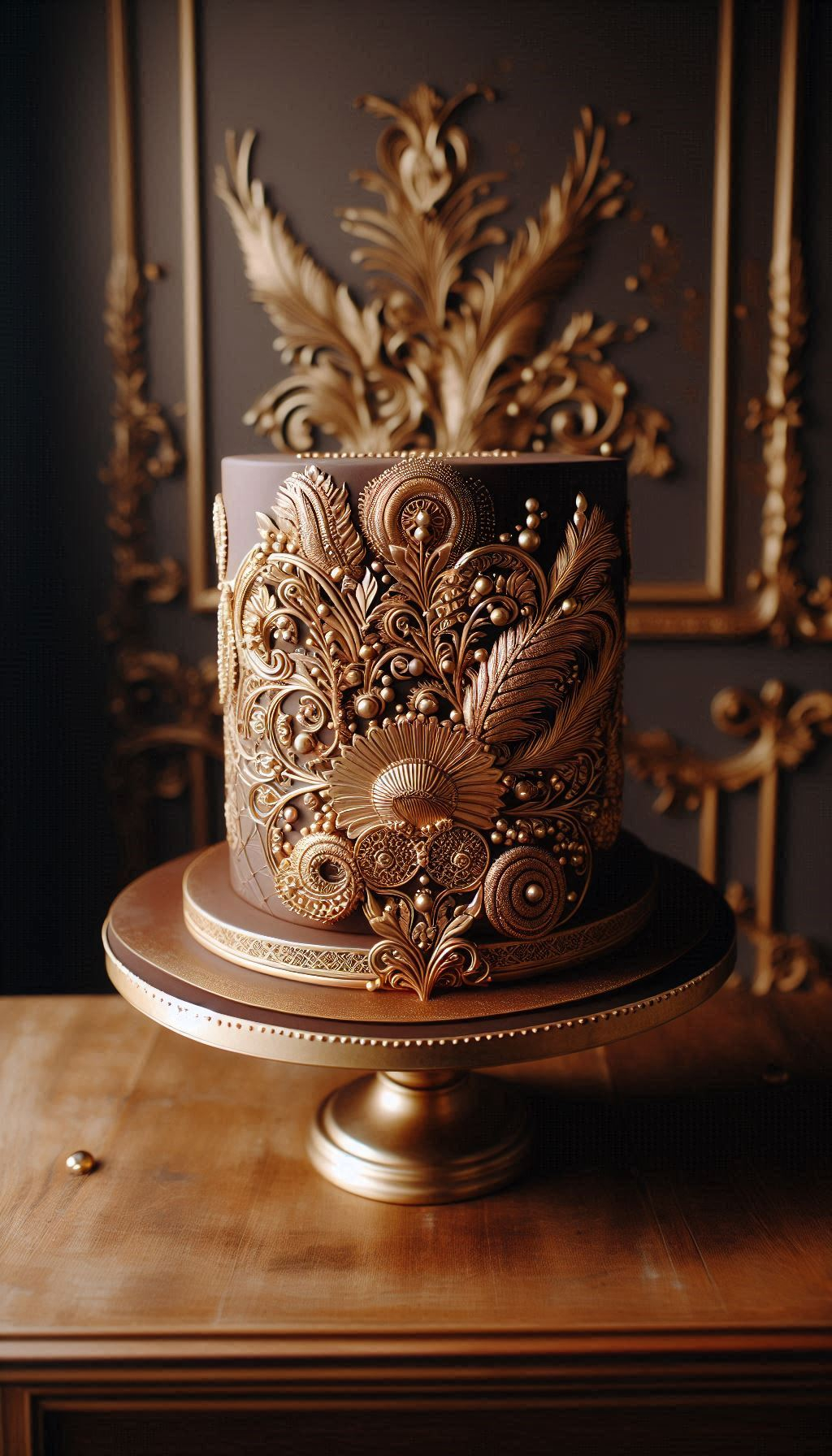 This isn't just a wedding cake; it's a modern marvel of edible art. The deep chocolate canvas and elegant details make it look like a sculpture deserving of its own gallery spotlight. A truly majestic wedding cake for an artistic couple.