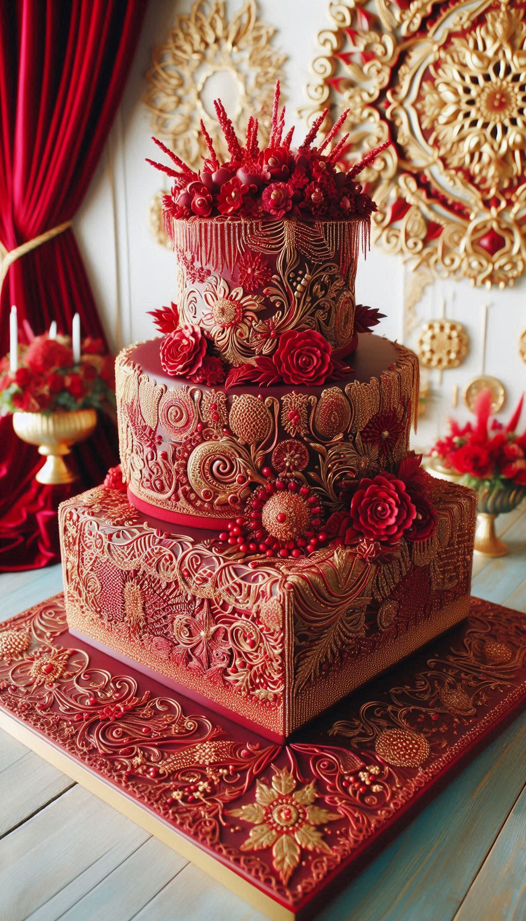 They say red is the colour of love, so why not say it with your cake? A Scarlet Bloom Fantasy wedding cake is an unabashedly romantic statement, perfect for a celebration of passionate love. This is a wedding cake that wears its heart on its sleeve.