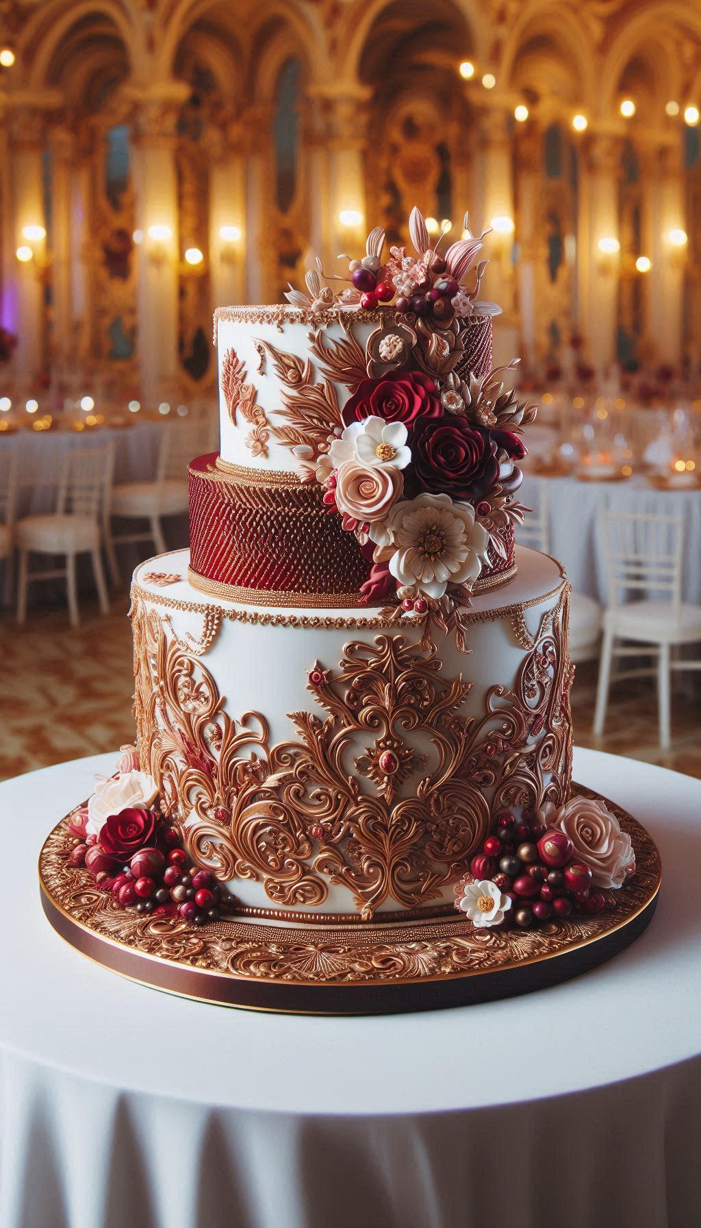 If your wedding aesthetic is "unforgettable," this is the wedding cake for you. The dramatic scarlet blooms on this design are crafted to make jaws drop and cameras flash. It's a fantasy wedding cake that demands to be the center of attention.