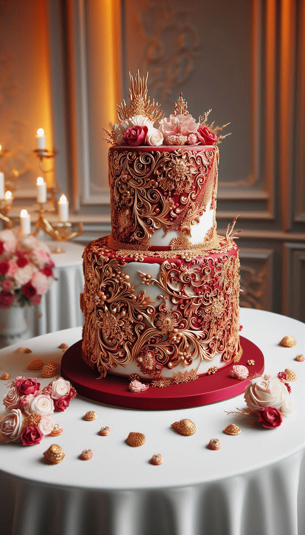 This isn't your average fairytale princess cake; this is a wedding cake fit for a queen. The deep scarlet blooms bring a touch of dramatic, grown-up romance to your celebration. A truly majestic wedding cake for a powerful love story.