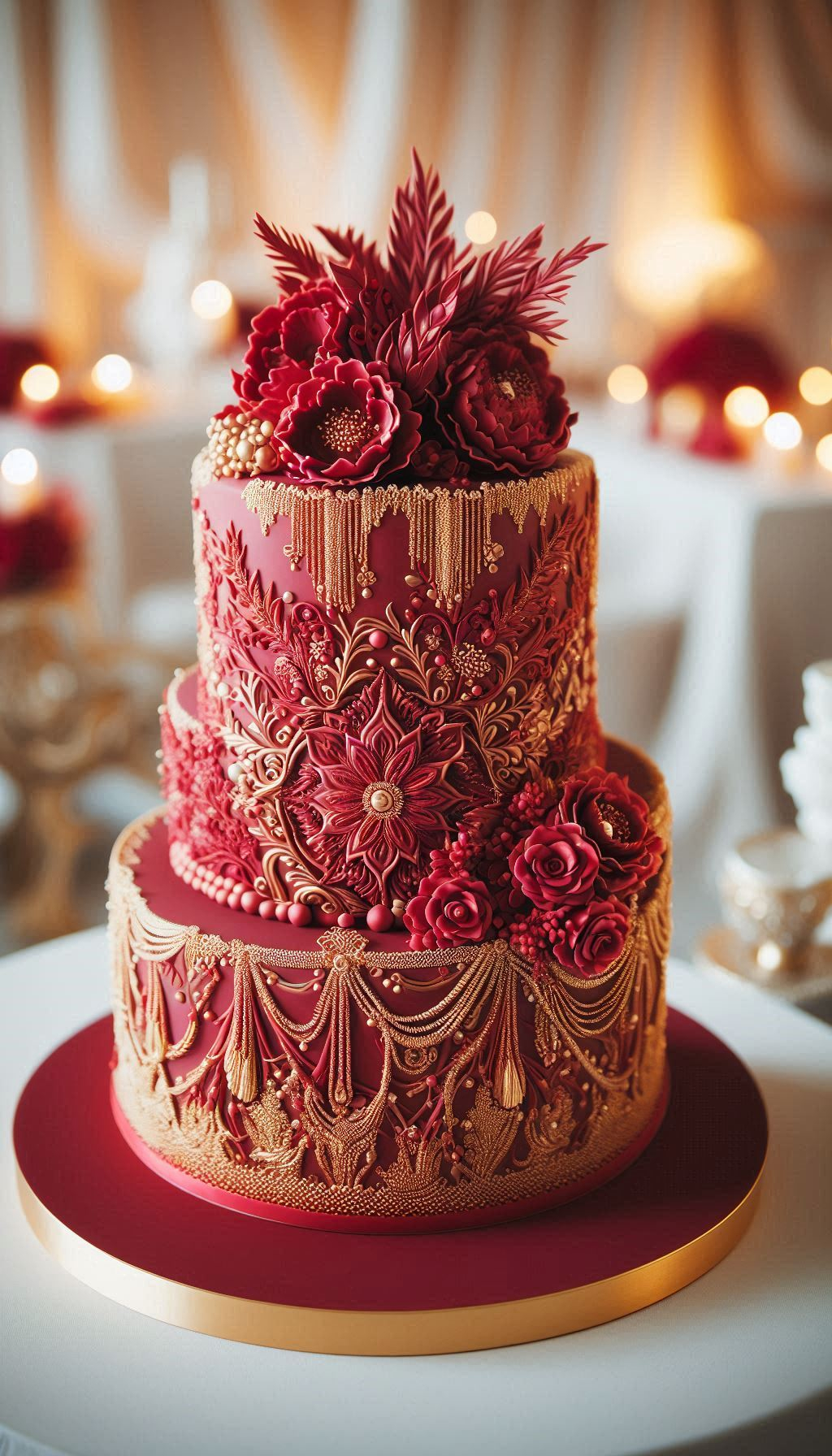 Your wedding photos will thank you for choosing this absolute stunner. The vibrant scarlet against a pristine base creates a visually arresting contrast that pops in every picture. A truly photogenic wedding cake for a picture-perfect day.