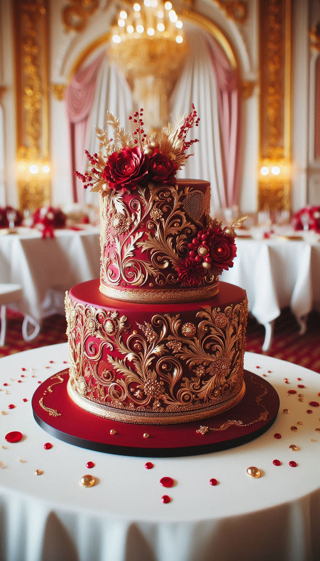 In a celebration of love, nothing speaks louder than the colour of passion. This Scarlet Bloom wedding cake is a vibrant, joyful nod to tradition and romance. It's a beautiful and meaningful choice for a grand wedding cake.