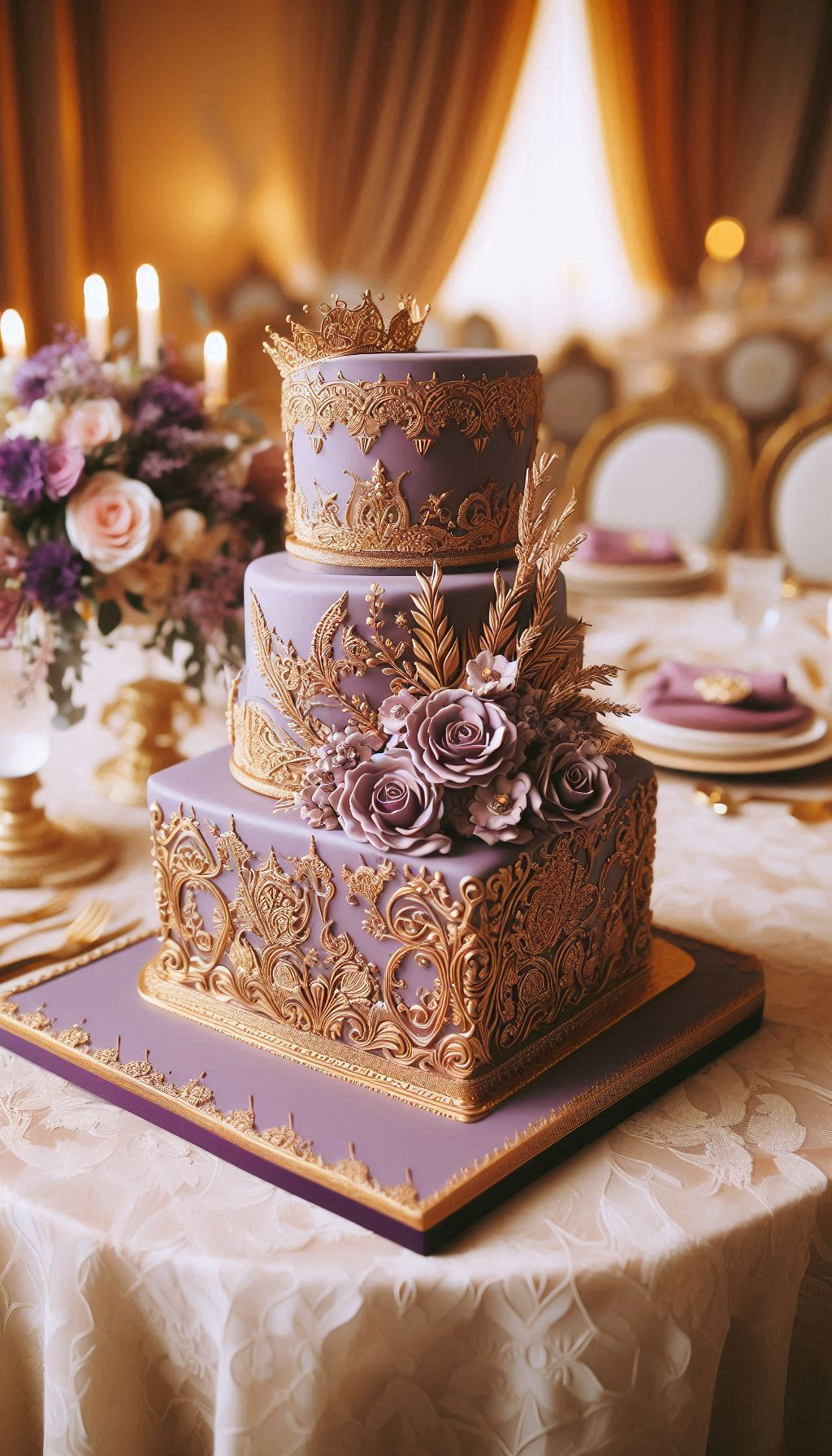This is what happens when a wedding cake decides to be unapologetically luxurious. The rich amethyst tones and regal details of 'The Empress' design create a centerpiece that exudes pure opulence and class. A truly majestic wedding cake for an unforgettable day.