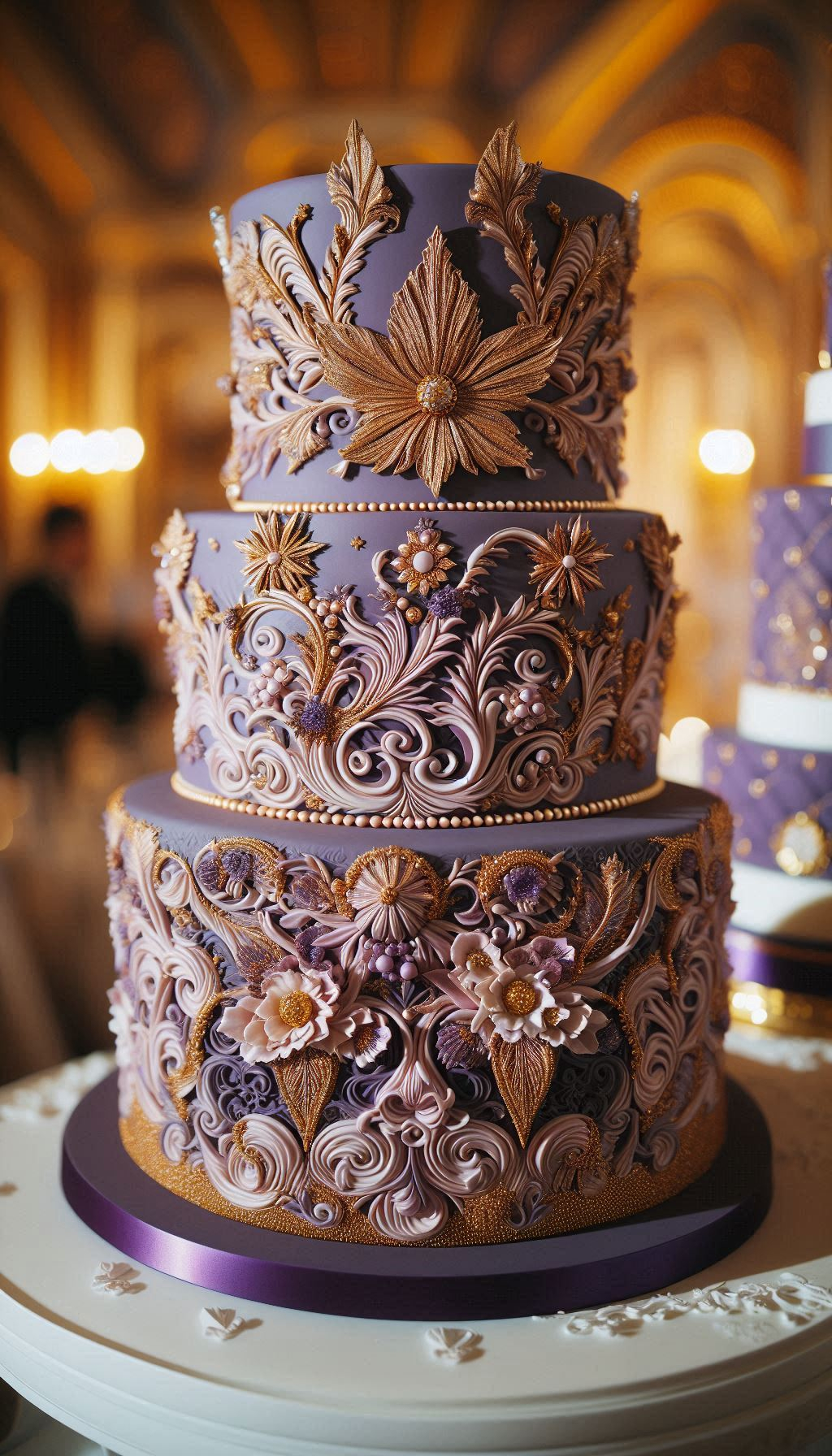 Behold the perfect royal pairing: rich amethyst and shimmering gold. This stunning combination elevates a wedding cake to a whole new level of majestic elegance. It's the kind of breathtaking wedding cake that looks like it was designed for a palace.
