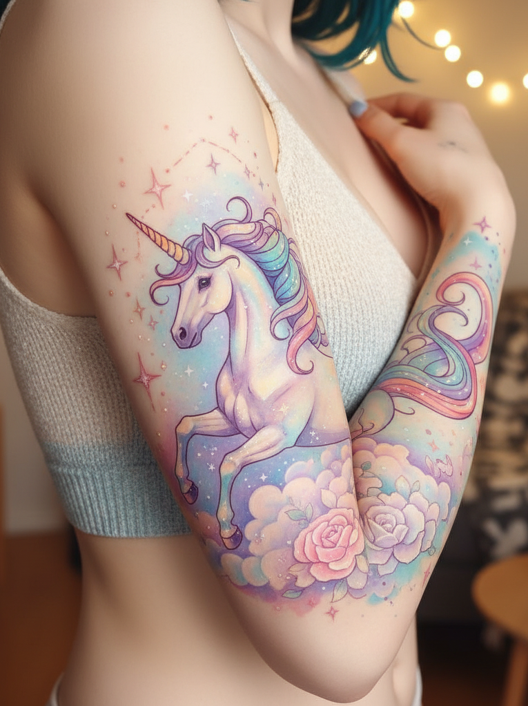 Unicorn tattoos aren’t just ink—they’re enchantment on skin. Perfect for anyone exploring Magical Tattoos for women with a wild heart and whimsical soul.