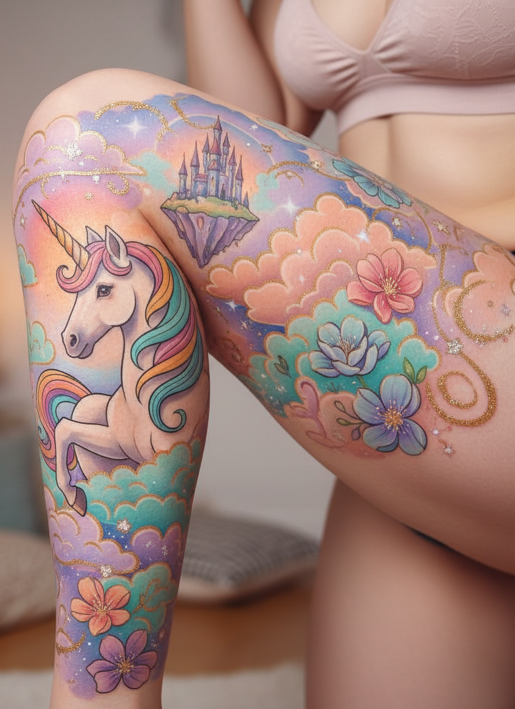 These tattoos are whimsical with a wink. Unicorns make for Magical Tattoos for women who love a little mischief with their magic.