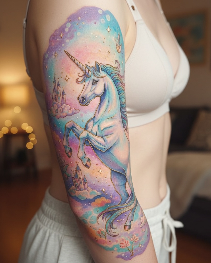 Unicorn tattoos are the ultimate mood booster. They’re Magical Tattoos for women who radiate joy, even in monochrome.